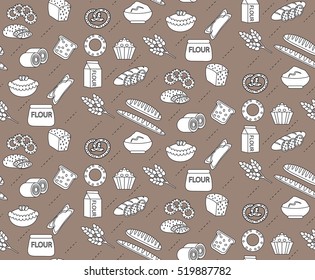 Bakery seamless pattern. Line, outline, doodle style. Bread and buns texture. Flour products endless background. bread and pastry backdrop. Vector illyustration