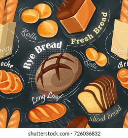 Bakery seamless pattern. Long loaf, rye bread, baguette, rolls, white bread, sliced bread, brioche. Vector illustration