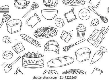 Bäckerei nahtloses Muster. Minimalistisches Wiederholbild für den Druck auf Geschenkverpackungen. Süßigkeiten, Muffins und Kuchen. Köstliches Essen, Bild für den Druck auf Kleidung. Cartoon-Flavektor-Vektorgrafik