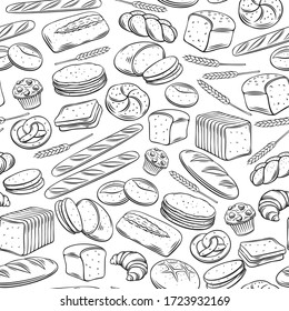 Bakery seamless pattern. Outline vector background rye, whole grain and wheat bread, pretzel, muffin, pita , ciabatta, croissant, bagel, toast bread, french baguette for design menu bakery.