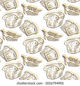 Bakery seamless pattern. Outline vector background toast bread, whole grain for design menu, packaging.