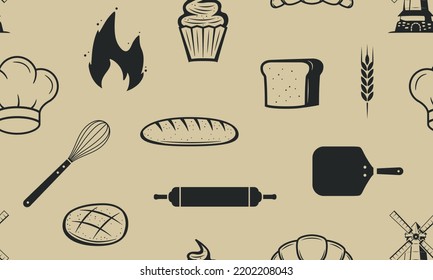Bakery seamless pattern. Pastry, Bakery background. Vintage bakery icons isolated on white background. Vector illustration