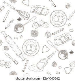 Bakery seamless pattern with rolling pin, beater, mold, strainer and flour, eggs and butter, lemon and spices. Hand drawn sketch. Great for bakery, grocery stores, organic shops, food design.