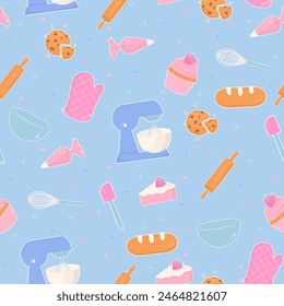 Bakery seamless pattern. Stand mixer, spatula, whisk, rolling pin, piping bag, oven mitt, bowl, and pastry bakery with sugar sprinkles on a blue background.