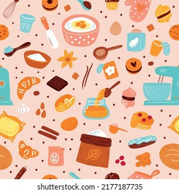 Bakery seamless pattern. Sweet dessert. Pastries and cooking accessories. Repeated print with kitchen equipment and products for biscuits preparing. Cookies or cakes