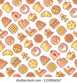 Bakery seamless pattern with thin line icons: toast bread, pancakes, flour, croissant, donut, pretzel, cookies, gingerbread man, cupcake, burger, apple pie, pizza, waffle. Modern vector illustration.