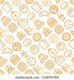 Bakery seamless pattern with thin line icons: toast bread, pancakes, flour, croissant, donut, pretzel, cookies, gingerbread man, cupcake, burger, apple pie, pizza, waffle. Modern vector illustration.