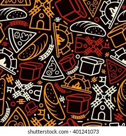 Bakery seamless pattern in thin line style. Color print on black background