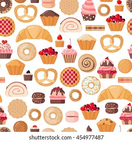 Bakery seamless pattern with various pastries. Vector illustration