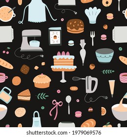 Bakery seamless pattern. Vector background with sweet desserts, cakes and kitchen supplies. Cute baking backdrop