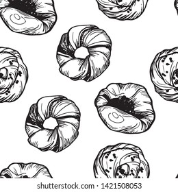 Bakery seamless pattern vector illustration. Hand drawn detailed ink illustration. Elements for design menu, package, poster. 