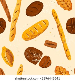 Bakery seamless pattern vector illustration with different breads and homemade baked products baguette, loaf. Bakery goods endless background for cooking book, restaurant menu, posters, prints.