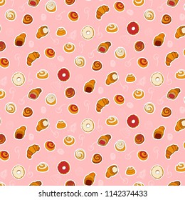 Bakery seamless vector pattern: buns, bagels, croissants, coffee beans and donuts. Vector illustration, hand drawn elements. Food illustration for cafe, market, menu design.
