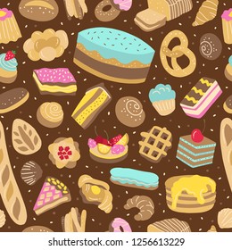 Bakery seamless vector pattern. Cute sweet food background for cafe design