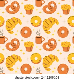 Bakery seamless vector patterns set with different types of baked desserts. Collection of breakfast food elements illustration doodle patterns with coffee, croissant, pretzel, donuts for cafe, shop
