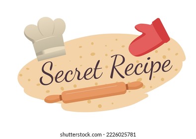 Recetas secretas de panadería, sombrero y guante de chef aislado, masa y alfiler. Cocina y preparación de pasteles y repostería. Cocina y trucos y recomendaciones culinarias. Vector de estilo plano