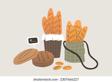 Bakery set. Baguettes in a basket, round rye bread, rolls and a price tag. Vector flat trend illustration with textures.