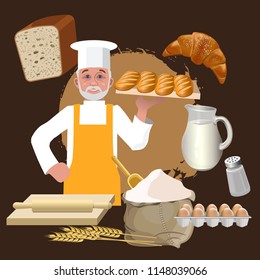Bakery set with baker and cooking objects. Vector illustration isolated on dark background
