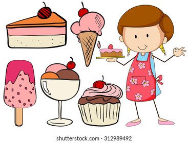 Bakery set with baker and desserts