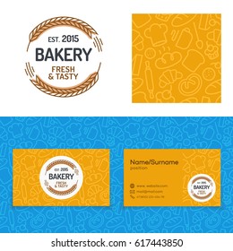 Bakery set with baking pattern, card and logo consisting of two spica, sign fresh and tasty for identity baking firm, loaf store, food market, coffee shop, cafe, bread house. Vector Illustration