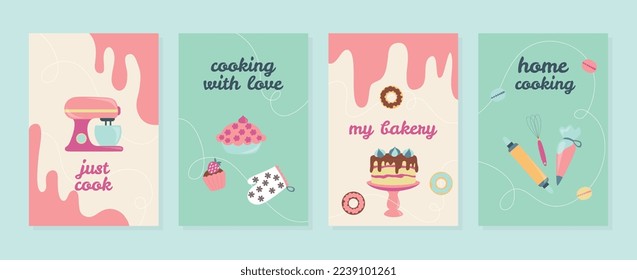 Bakery set banners. Collection of advertising graphic elements for website. Dessert and delicacy, gourmet. Muffins, cupcakes and cakes. Cartoon flat vector illustrations isolated on green background