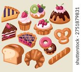 Bakery set with bread croissant pretzel donut and cupcakes. Flat vector illustration of assorted pastries and baked goods. Assorted pastry and bakery items. Flat design set of chocolate cake fruit tart muffins and donuts for cafe food menu. Set of flat bakery icons. Collection of bread rolls pastries and sweet cakes for food branding and web design.