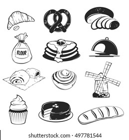 Bakery set Bread slice, wheat, bun, cake with cherry, biscuit, donut, baguette, flour sack, pretzel, croissant wind mill pastry and rolling-pin platter cupcake cake