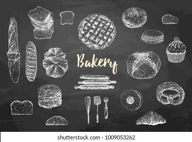 Bakery set. Bread vector hand drawn illustration. Vintage collection with bread, long loaf, toast, cookie, muffin,  pie, buns and croissant. Freehand drawing on the chalkboard