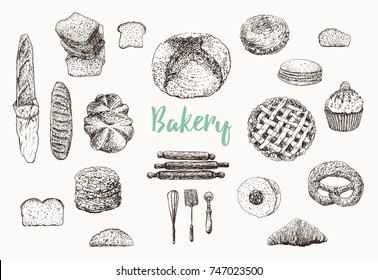 Bakery set. Bread vector hand drawn illustration. Vintage collection with bread, long loaf, toast, cookie, muffin,  pie, buns and croissant. Engraved style