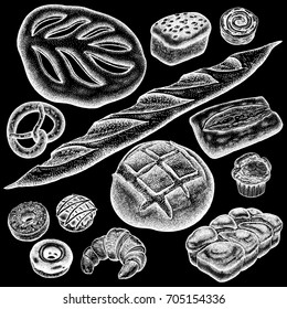 Bakery set. Bread white and black, brioche, ciabatta, croissant, French baguette, bun, pretzel, donut, muffin, loaf. White chalk on a black board. Vector food illustration art. Vintage engraving.