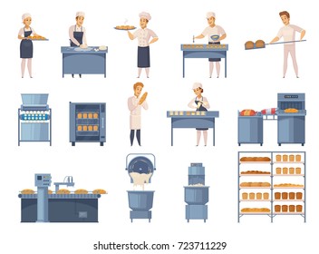 Conjunto de panaderías de iconos de dibujos animados con trabajadores de fábricas, equipo industrial, productos de harina en estanterías ilustraciones vectoriales aisladas 