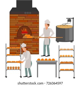 Bakery set of cartoon icons with factory workers, industrial equipment, flour products on shelves isolated vector illustration