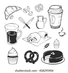 Bakery set: coffee mug, jug of milk, bun, cupcake, cup of tea, coffee beans, pie, cake, croissant. Restaurant menu, bakery label. vector illustration.