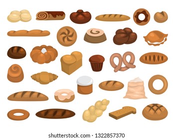 Bakery set. Collection of fresh bread, croissant, cake and baguette. Isolated vector illustration in cartoon style