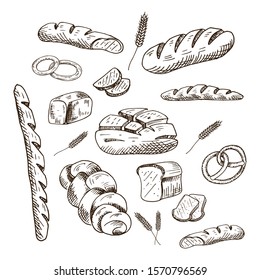 Bakery set. Collection of hand drawn bread products. Sketch style vector illustration. Isolated on white.