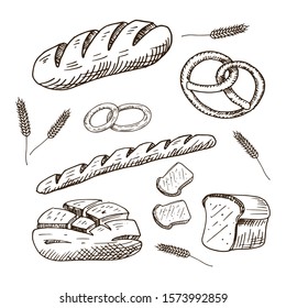 Bakery set. Collection of hand drawn bread products. Sketch style vector illustration. Isolated on white.