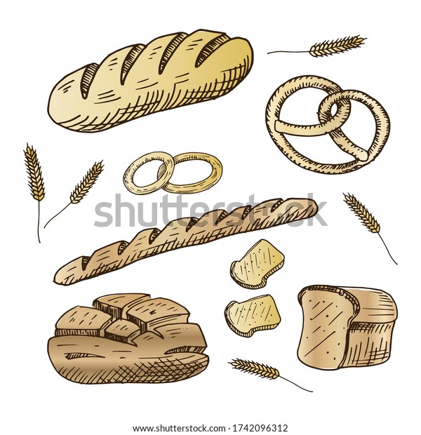 ベーカリーセット 手描きのパン製品のコレクション ベクターイラスト 白い背景に のベクター画像素材 ロイヤリティフリー