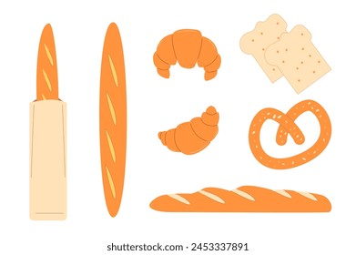 Bakery set. Croissant, toast bread, baguette isolated on white background. Vector flat illustration.