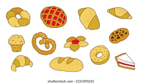 Bakery set different buns cartoon isolated illustrations