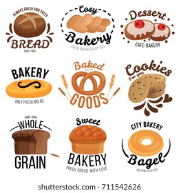 Bakery set of emblems with ears of cereal, flour products, calligraphic lettering, design elements isolated vector illustration