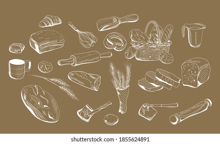 Bakery set in engraving vintage style.Fresh bread sliced loaf,pretzel.Ears of wheat and a wicker basket with buns,baguette.Menu decoration,farmers market.Equipment for cooking.Toast with butter.Vector