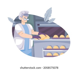 Bakery set flat composition with character of elderly woman shaping pastry in kitchen vector illustration