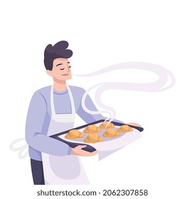Panadería de composición plana con caracter macho bandeja de retención con croissants recién horneados ilustración vectorial