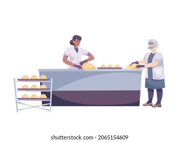 Bakery set flat composition with two women shaping pastry on kitchen table vector illustration
