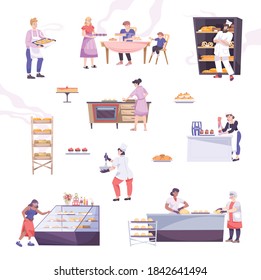 Bakery set with flat icons of baked foods and kitchen utensils with bakers and visitor characters vector illustration