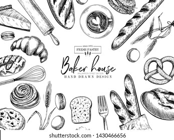 Bakery set. Hand drawn bread, loaf, croissant, pretzel, macaron, pie, baguette. Wheatl flour pastry. Vector engraved banner. For restaurant and cafe menu, baker shop pasty sweets Design template
