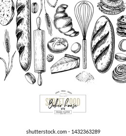 Bakery set. Hand drawn bread, loaf, croissant, pretzel, macaron, pie, baguette. Wheatl flour pastry. Vector engraved banner. For restaurant and cafe menu, baker shop pasty sweets Design template
