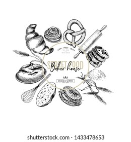 Bakery set. Hand drawn bread, loaf, croissant, pretzel, macaron, pie, baguette. Wheatl flour pastry. Vector engraved banner. For restaurant and cafe menu, baker shop pasty sweets Design template
