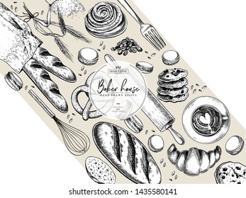 Bakery set. Hand drawn bread, loaf, croissant, pretzel, macaron, pie, baguette. Wheatl flour pastry. Vector engraved banner. For restaurant and cafe menu, baker shop pasty sweets Design template
