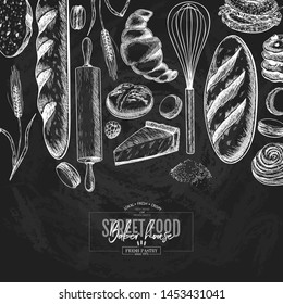 Bakery set. Hand drawn bread, loaf, croissant, pretzel, macaron, pie, baguette. Wheatl flour pastry. Chalkboard vector engraved banner. For restaurant and cafe menu, baker shop pasty sweets